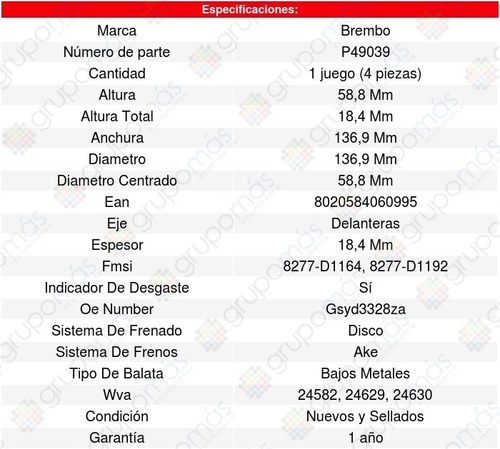 Balatas Delanteras Lincoln Mkz 3.5l V6 2007 Brembo