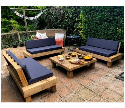 Terraza Rustic 3 Sillones Posavaso Tapiz Negro + Mesa Centro