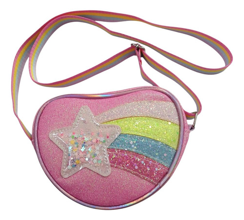 Cartera Bandolera De Niña Nena De Cuero Ecologico Estrella Fucsia Gliter Níquel Multicolor