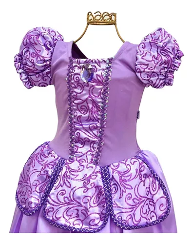 Fantasia Vestido Luxo Infantil Princesa Sofia / Rapunzel C/ Tiara