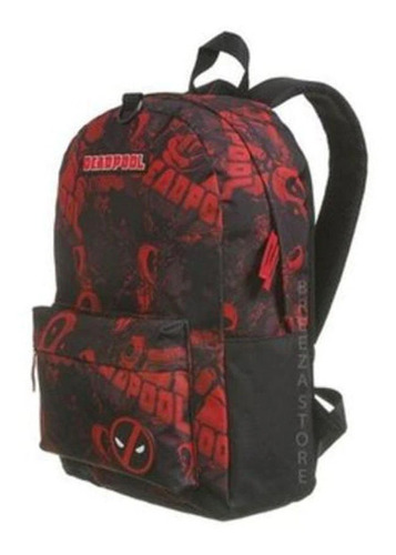 Mochila Escolar Deadpool Marvel Comics Com Fone De Ouvido Cor Preta e Vermelha Desenho do tecido Estampado