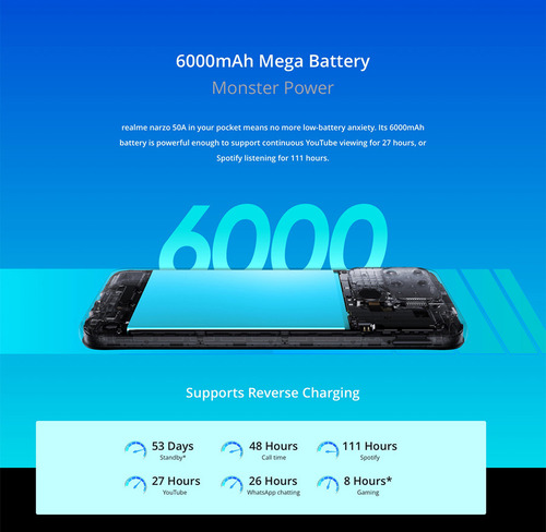 Realme Narzo 50a 4gb +128gb Blue Global Version Smart Phone Helio G85 6000mah Battery 50mp Camera New Smartphone