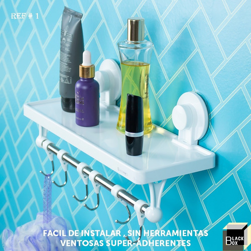 Imagen 2 de 9 de Repisa Organizadora Ventosa Para Baño Con Toallero