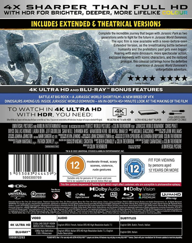 Jurassic World Dominio Chris Pratt Pelicula 4k + Blu-ray Uk