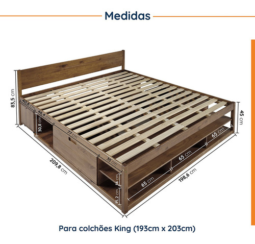 Cama King Multifuncional Madeira Maciça Irara Cabecasa Wt