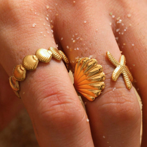 Set Anillos Playa Conchas Y Estrellas De Mar Ajustables Dorado 7