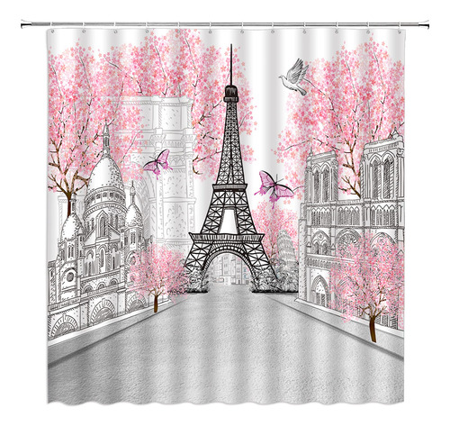 Hykhyk Cortina Ducha Torre Eiffel Paris Diseño Floral Rosa X