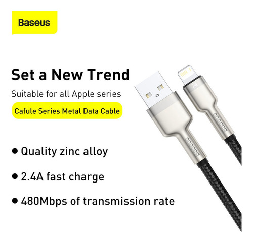 Cable De Datos Usb A Lightning 2.4a 1m Metal Negro Baseus