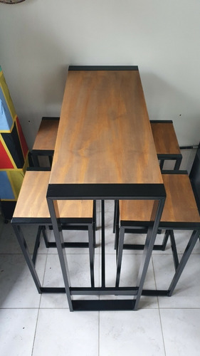 Mesa Barra Desayunadora Hierro Y Madera 100x40 + 4 Taburetes