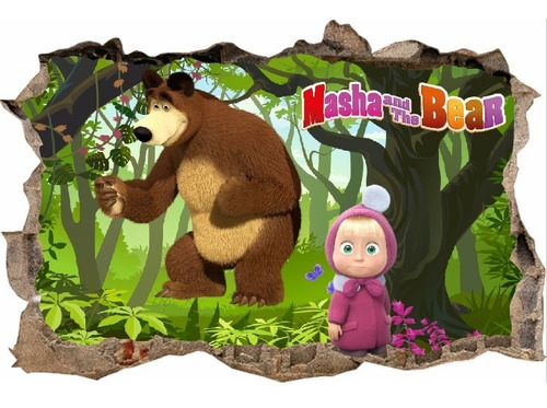 Vinilos Efecto 3d Hueco Pared Masha Y El Oso - 1.50m X 1m 