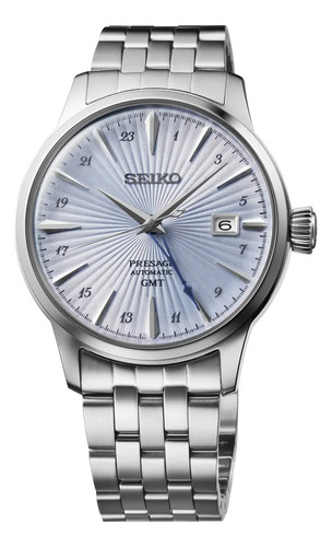 Reloj Seiko Presage Cocktail Time Gmt Ssk037 Caballero Correa Plateado Bisel Plateado Fondo Azul Claro
