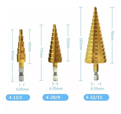 Brocas Escalonadas 3 Pz Acero Hss Recub. Titanio 4-12/20/32 YICHANG