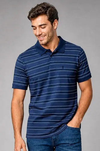 Polo Piquet Masculina Listrada Polo Wear Azul-escuro M