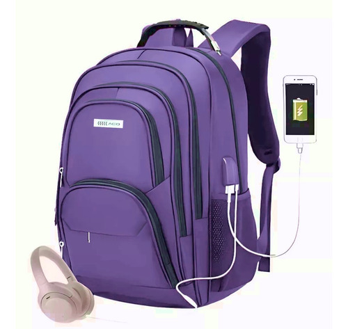 Bolsa Trabalho Viagem Impermeável Couro Carregador Usb/ Aux Cor Roxo