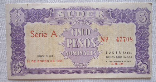 Antiguo Billete Uruguay Suder 5 Pesos 1954