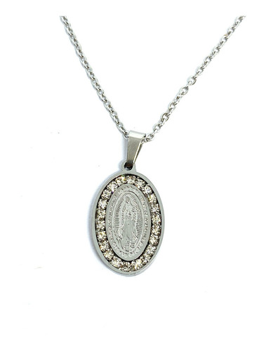 Cadena Y Medalla Virgen Guadalupe Oval Acero Plateada Piedra