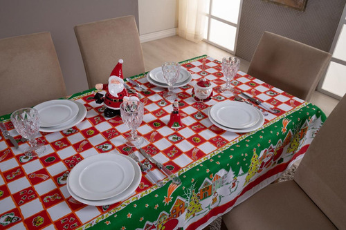 Toalha De Mesa Retangular Natal 4 Cadeiras Estampada Noite Feliz Tecido Oxford Linda Estampa Vermelha E Verde 1,50m X 1,50m