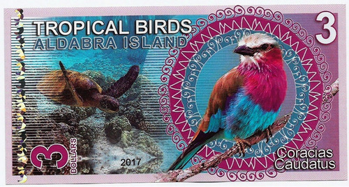 Fk Billete Isla Aldarba 3 Dolares 2017 Polimero Tortuga