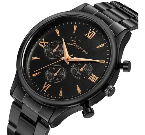 Reloj Acero Negro Geneva Hombre Lujo Caballero B287