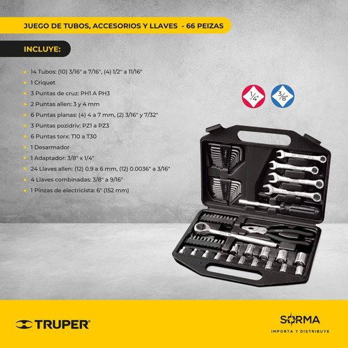 Imagen 2 de 7 de Set Caja De Llaves Tubo 66pcs Pretul + Pinza + Maletin