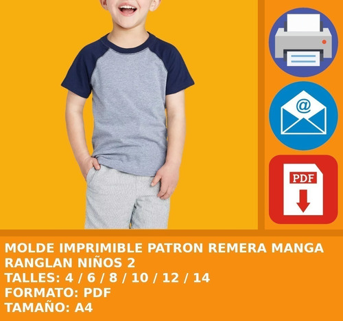 Molde Imprimible Patron Remera Manga Ranglan Niños 2 2x1