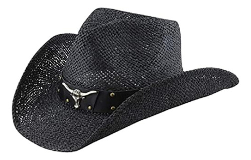 Vamuss - Sombrero De Vaquero De Paja Negro Para Hombre, Piel