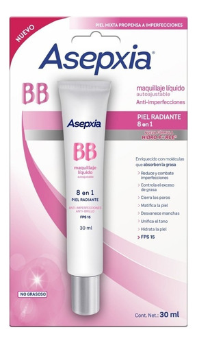 Base Maquillaje Asepxia Bb Líquido 8 En 1 Autoajustable 30 G