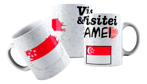 Caneca Cerâmica Bandeira Singapura Cingapura Visitei Amei