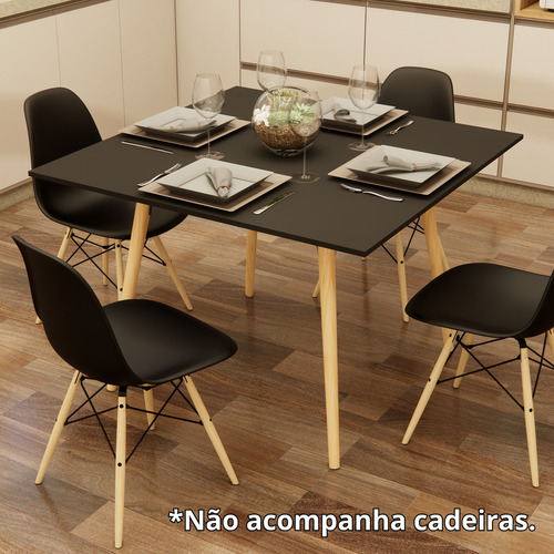 Mesa Sala De Jantar Cozinha Quadrada 4 Lugares 90 Cm Pés Madeira Tampo Preto