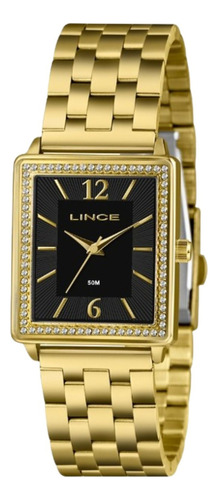 Relógio Lince Lqg4810l28 = 24 Ma Correia Dourado Bisel Dourado Fundo Preto