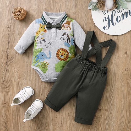 Conjunto 2 Pcs De Mameluco Con Estampado Animal Para Bebés Verde Musgo 6-9 M
