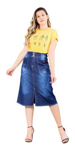 Imagem 6 de 7 de Saia Jeans Evangélica Midi C/ Recortes E Desfiados - Sg4006