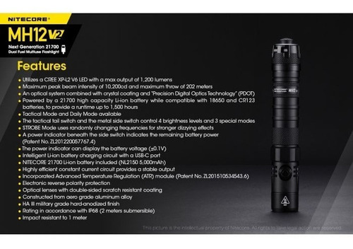 Linterna LED Nitecore MH12 V2 1200 lumens Bateria de 5000mAh Alcance maximo 202 Metros color negro luz blanca