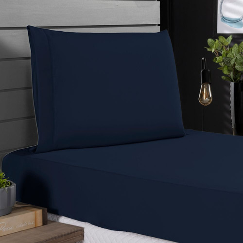 Jogo Roupa Cama Lençol Solteiro 400 Fios 2 Peças Barra Hotel Cor Azul-marinho Desenho Do Tecido Liso