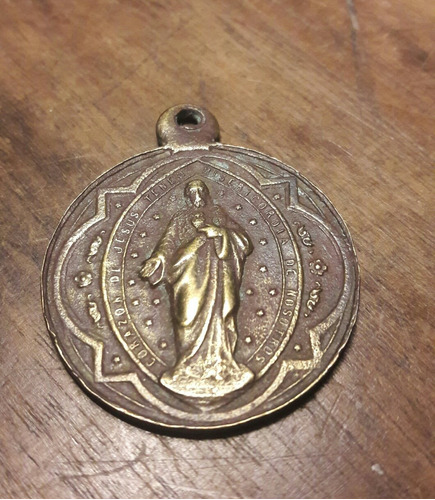 Antigua Medalla, Cobre Bronceada, Corazon Jesus Virgen Maria