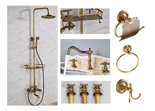 Set Baño Bronce Con Ducha, Griferia Deck+bidet +3 Accesorios