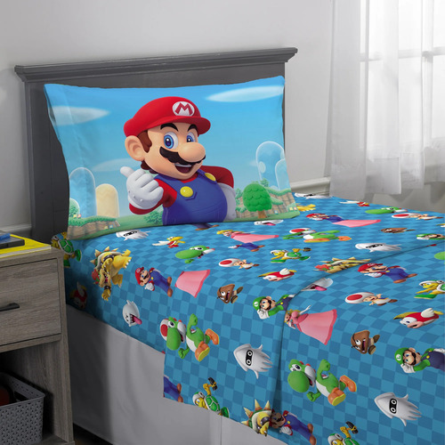 Set De Sabana Tamaño Matrimonial Super Mario Bros 4 Pz Color Multicolor