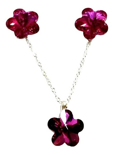 Conjunto Cristal De Swarovski Flor Fucsia, Plata Fina 925 