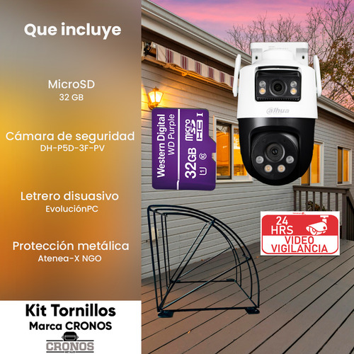 Kit cronos Cámara De Seguridad Dahua Ip Pt Dh-p5d-3f-pv Wifi Cruiser Dual 8mp Audio Bidireccional Auto Tracking + Microsd 32gb + Protección Metálica + Accesorios Cctv Wpt1439dd-plus-32