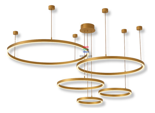 Lustre Pendente Aliança 5 Anéis Dourado Led Pé Direito Duplo 127/220V