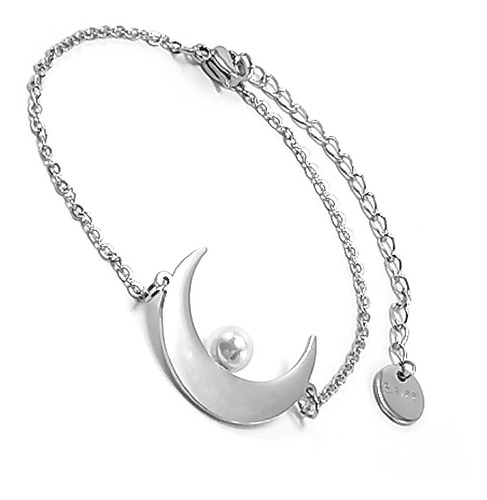 Imagen 2 de 8 de Pulsera Mujer Acero Inoxidable Luna Perla Plateada Regalo
