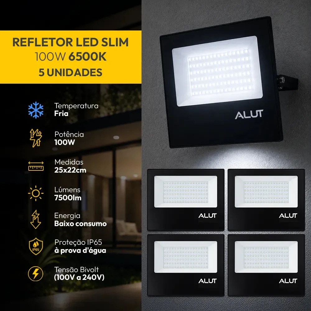 Kit 5 Refletor Led 100w 6500k Branco Frio A Prova D'água Alut Cod: Alut000701-5 Alut By Avant