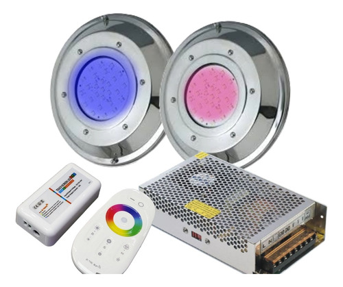 2 Luces Pileta Rgb Led+ Control Touch+ Trafo Kit Acero