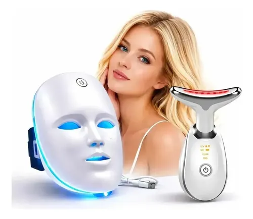 Kit Máscara Led 7 Cores Fototerapia + Massageador Facial 127/220v