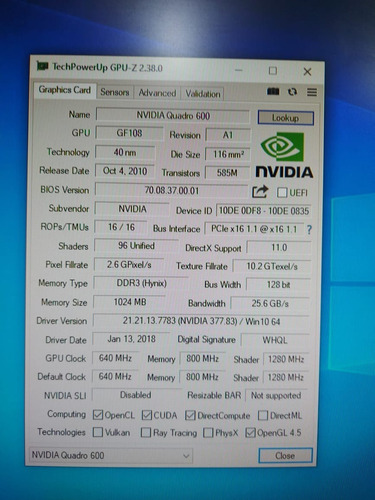Tarjeta De Video Nvidia Quadro 600 1gb Ddr3 128 Bit Dvi Dp (Usado)