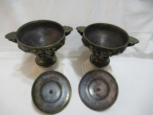 Antiguo Par Crateras Ánforas Metal Patinado Alabastro Italia (Usado)