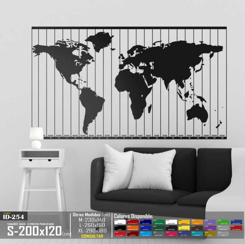 Vinilo Decorativo Mapa Mundial Con Zona Horarias