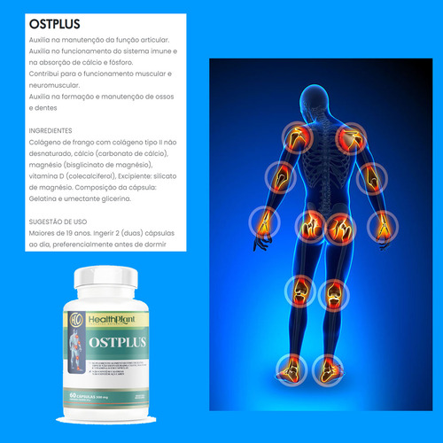 Ostplus - Colágeno Tipo 2 Cálcio Magnésio Vitamina D 60 Cáps