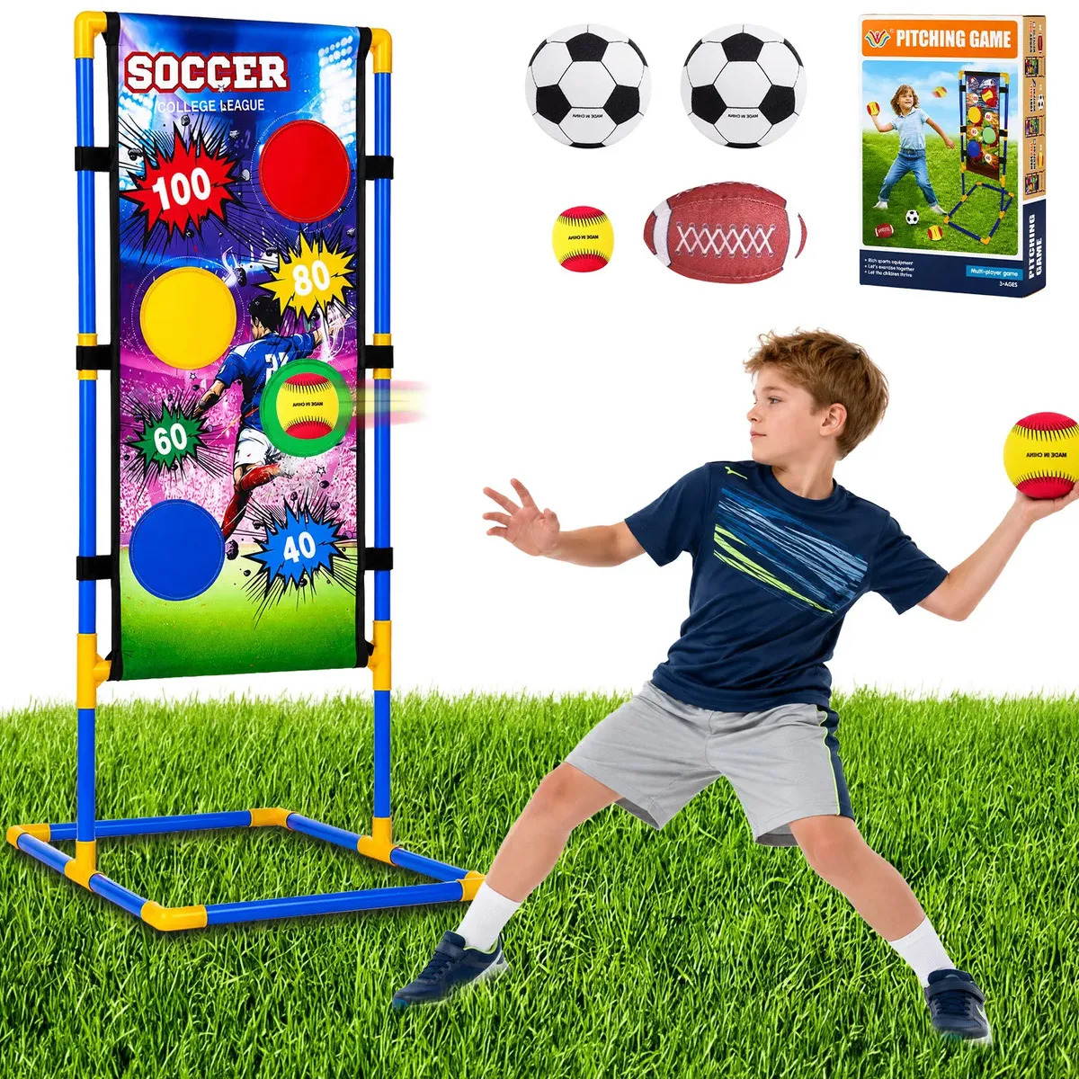 Rovtop Juego de Puntería para Niños con Objetivo de Puntuación y 4 Pelotas, Tiro al Blanco Deportivo Desmontable con Pelotas de Fútbol, Béisbol y Rugby, Juego para Interior y Exter