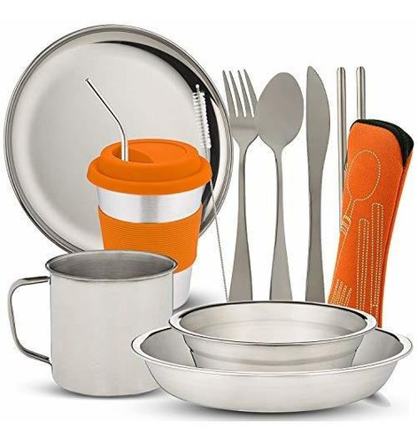 10-piece Camping Dish Set - Stainless Steel Camp Mess Kit Wi